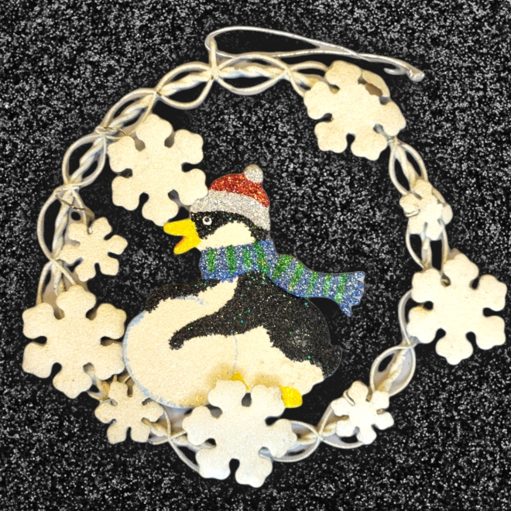 Vtg Metal Art Wreath Penguin Snowflakes Raised Glittery Sparkles